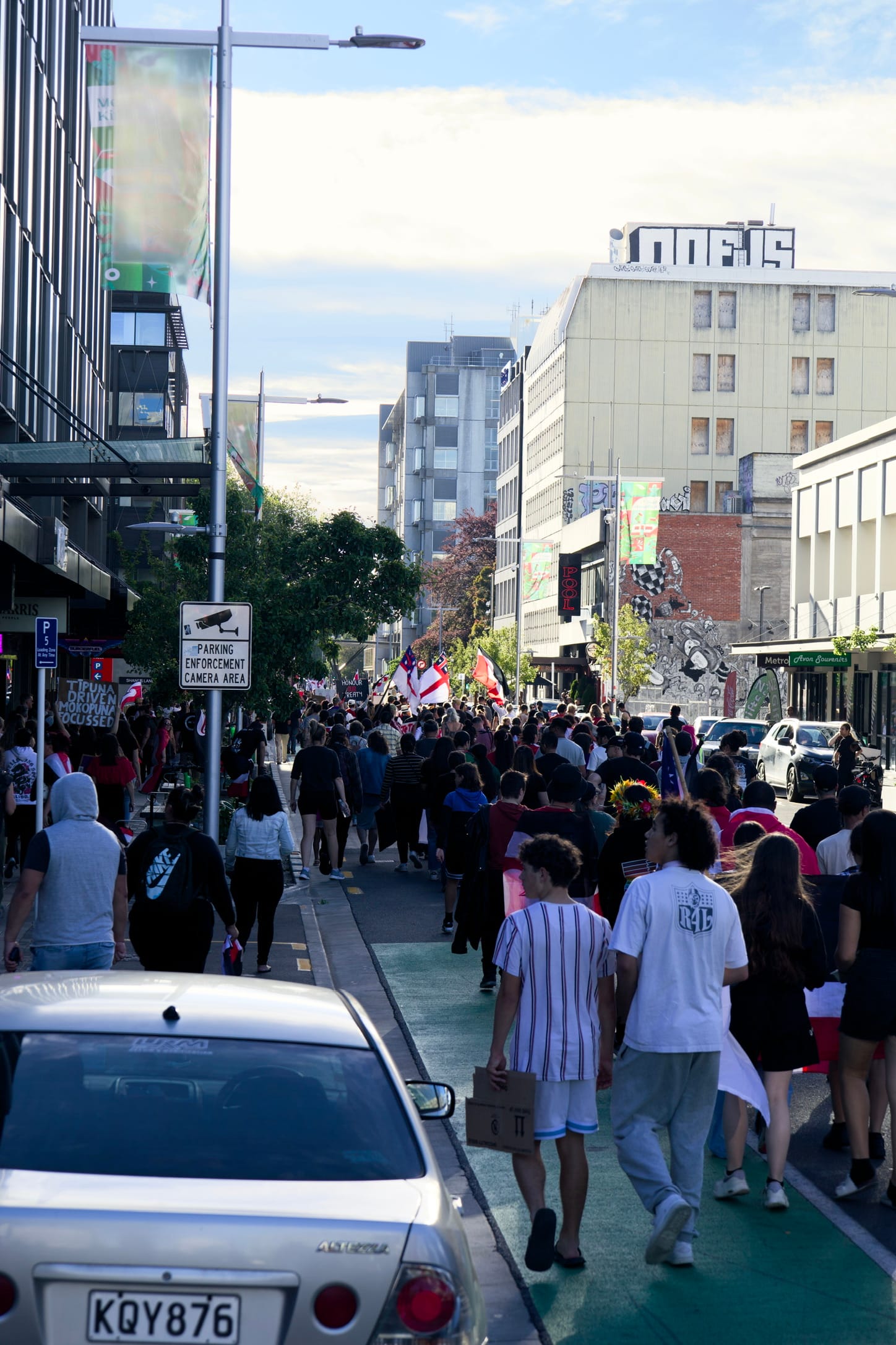 Toitū te Tiriti, walking down Hereford St. I was about in the middle of the hīkoi. You couldn't see the front.